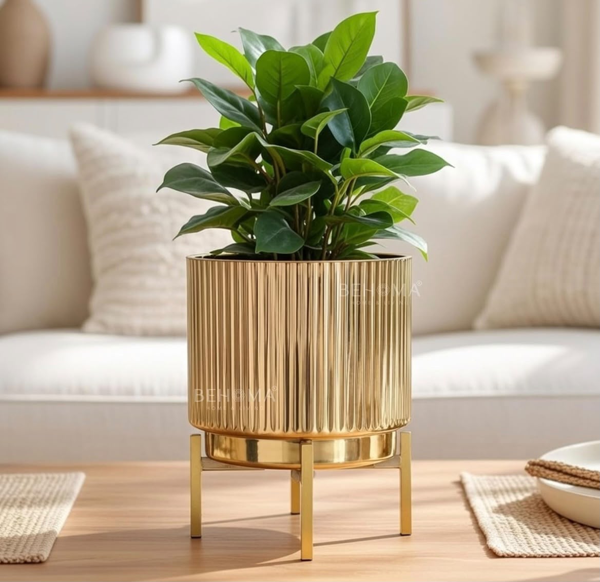 Gold Ribbed Tabletop Planter with Stand AH-131 Moradabad